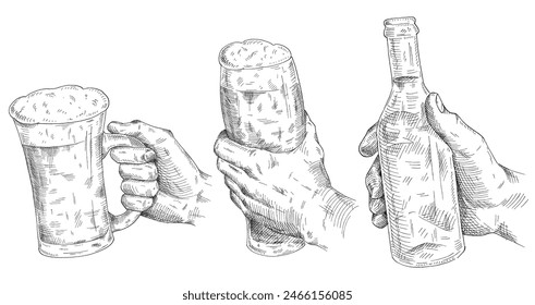 Male hand holding and clinking beer glass and bottle. Vintage vector black hatching illustration for web, poster, invitation to party. Isolated on white background.