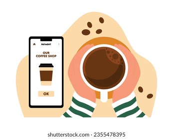 Male hand holding coffee cup, payment via app on smartphone, coffee shop vector illustration.