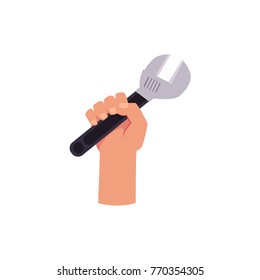 Male hand holding common adjustable wrench, spanner tool, plumber, repairman tool, service icon, cartoon vector illustration isolated on white background. Male hand holding wrench, spanner tool