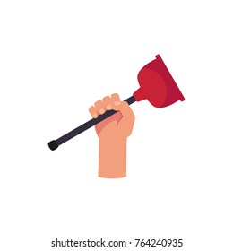 Male hand holding common household sink plunger, force cup, plumber service icon, cartoon vector illustration isolated on white background. Male hand holding red force cup, plunger, plumber tool