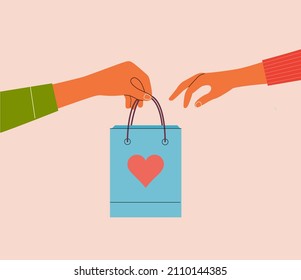 Mano masculina sosteniendo un regalo de papel artesanal Bolsa con corazón rojo. El hombre le da un regalo de San Valentín a una mujer. Ilustración vectorial de dibujos animados de estilo plano. 