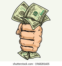 Male hand holding dollar bills in vintage style isolated vector illustration