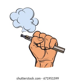 Male hand holding e-cigarette, electronic cigarette, vapor with smoke coming out, sketch vector illustration isolated on white background. Drawing of hand holding electronic cigarette, vapor and smoke