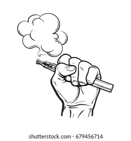 Male hand holding e-cigarette, electronic cigarette. Vapor with smoke coming out, black and white sketch vector illustration isolated on background.