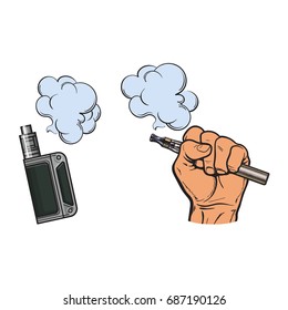 Male hand holding e-cigarette, electronic cigarette, vapor with smoke coming out, sketch vector illustration isolated on white background. Drawing of hand holding electronic cigarette, vapor and smoke