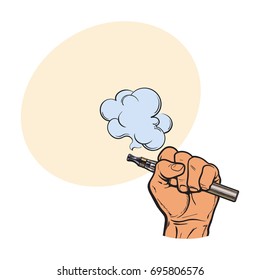 Male hand holding e-cigarette, electronic cigarette, vapor with smoke coming out, sketch vector illustration with space for text.