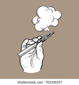 Male hand holding e-cigarette, electronic cigarette, vapor with smoke coming out, black and white sketch vector illustration isolated on color background.