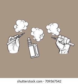 Male hand holding e-cigarette, electronic cigarette, vapor with smoke coming out, black and white sketch vector illustration isolated on color background.