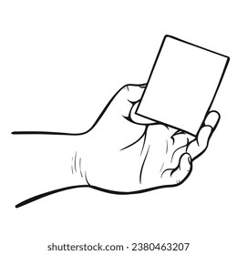 Mano masculina con hoja vacía de papel en blanco negro de línea mínima ilustración vectorial. Brazo humano con anuncio de mensaje de carta aviso de la página recordatorio de la página de anuncios comunicación de información de pancartas limpias