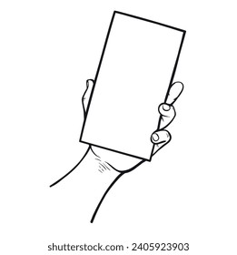 Male hand holding empty blank of rectangle paper sheet monochrome black line vector illustration. Human arm with document letter message reminder advertising announce information notice presentation