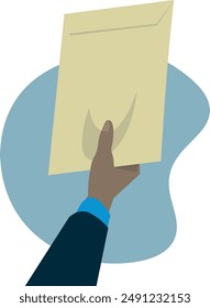 male hand holding an envelope, taking or passing to someone else. 