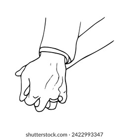 male hand holding female hand intertwining fingers - hand drawn drawing of hands clasped together