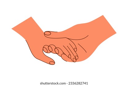 Male hand holding female hand with love, tenderness. Romantic couple. Support, love, care, relationship, friendship, gesture icon. Flat vector illustration isolated on white background