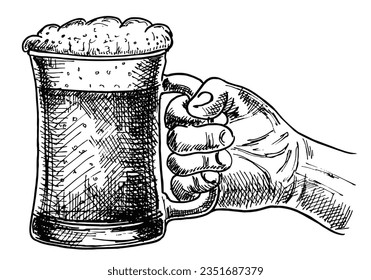 Male hand holding a full beer mug with foam. Vintage vector engraving beer glass illustration for invitation, ads, sale, party. Isolated on white background. Hand drawn vector illustration