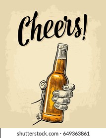 Male Hand Holding A Full Beer Open Bottle. Cheers Toast Lettering. Vintage Vector Color Engraving Illustration For Web, Poster, Greeting Card, Invitation To Party. Isolated On Beige Background