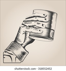 Male hand holding glass alcohol drink. hand-drawn design element. engraving style. Vector Illustration