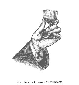 Male hand holding a glass of alcohol drink. Hand drawn design. Vintage engraving stylized drawing. Vector illustration