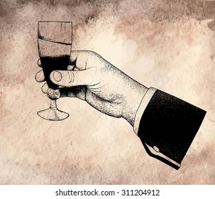 Male hand holding a glass of alcoholic drink.Engraving style.Vector illustration