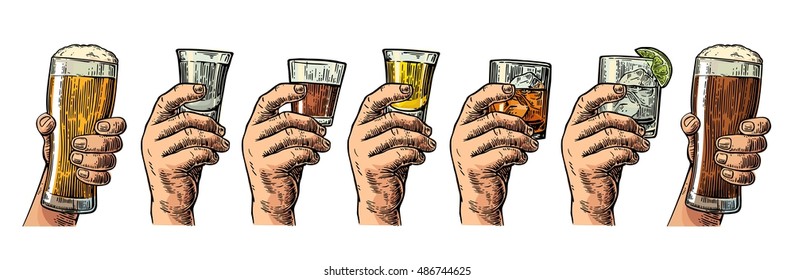 Male hand holding a glass with beer, tequila, vodka, rum, whiskey, gin. Vintage color vector engraving illustration for label, poster, invitation to party and birthday.