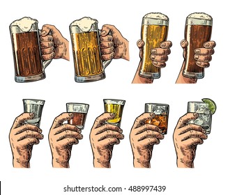 Male hand holding a glass with beer, tequila, vodka, rum, whiskey, gin. Vintage color vector engraving illustration for label, poster, invitation to party and birthday.