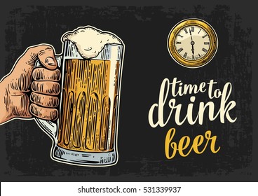 Male hand holding glass beer and antique pocket watch. Vintage vector engraving illustration for web, poster, invitation to party. Time to Drink lettering. Isolated on dark background