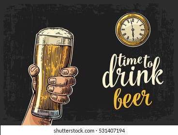 Male hand holding glass beer and antique pocket watch. Vintage vector engraving illustration for web, poster, invitation to party. Time to Drink lettering. Isolated on dark background