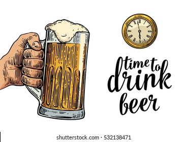 Male hand holding glass beer and antique pocket watch. Vintage vector engraving illustration for web, poster, invitation to party. Time to Drink lettering. Isolated on white background.