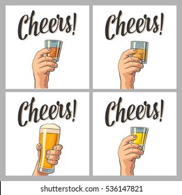 Male hand holding a glass with beer, rum, tequila and whiskey. Cheers toast lettering. Vector flat color illustration for web, poster, invitation to party. Isolated on white background.