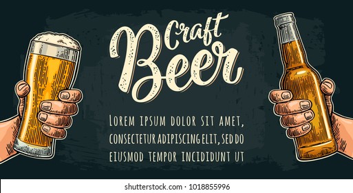 Male hand holding glass and bottle. Craft Beer calligraphic lettering. Vintage color vector engraving illustration for web, poster, invitation to party or festival. Isolated on dark background