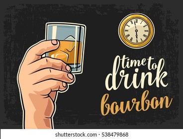 Male hand holding glass bourbon and antique pocket watch. Vector flat illustration for web, poster, invitation to party. Time to Drink lettering. Isolated on dark vintage background.