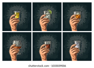 Male hand holding glass with brandy, tequila, gin, vodka, rum, whiskey. Vintage vector color engraving illustration for poster, invitation party. Isolated on dark background. Hand drawn design element