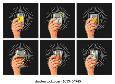 Male hand holding glass with brandy, tequila, gin, vodka, rum, whiskey. Vintage vector color engraving illustration for poster, invitation party. Isolated on dark background. Hand drawn design element