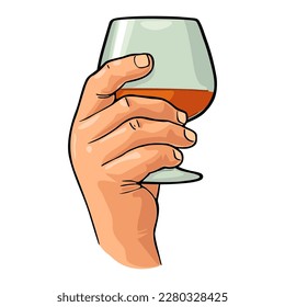 Male hand holding glass brandy. Color vector illustration for label, poster, invitation to party. Isolated on white background