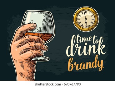 Male hand holding glass brandy and antique pocket watch. Vintage vector engraving illustration for web, poster, invitation to party. Time to Drink lettering. Isolated on dark background.