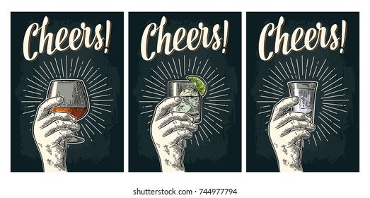 Male hand holding glass brandy, gin, vodka with ray. Cheers calligraphy lettering. Vintage vector color and monochrome engraving illustration for invitation to party. Isolated on dark background