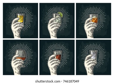 Male hand holding glass with brandy, tequila, gin, vodka, rum, whiskey. Vintage vector color and monochrome engraving illustration for poster, invitation to party. Isolated on dark background