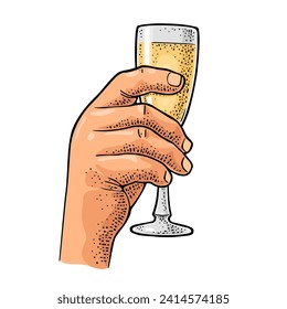 Male hand holding glass champagne. Vintage color vector engraving illustration for web, poster, invitation to party. Hand drawn design element isolated on white background.