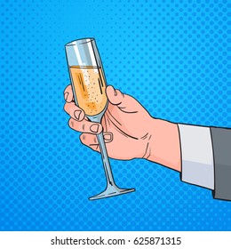 Male Hand Holding Glass Champagne Wine Pop Art Retro Pin Up Background Vector Illustration