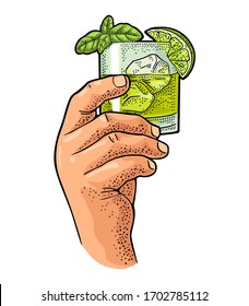 Male hand holding glass cocktail gin with basil and lime. Vintage color vector engraving illustration for label, poster, invitation to party. Isolated on white background