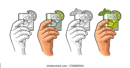 Male hand holding glass cocktail gin with basil and lime. Vintage color vector engraving illustration for label, poster, invitation to party. Isolated on white background