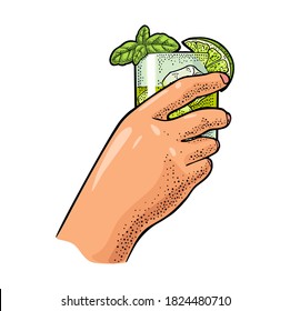 Male hand holding glass cocktail gin with basil and lime. Vintage color vector engraving illustration for label, poster, invitation to party. Isolated on white background