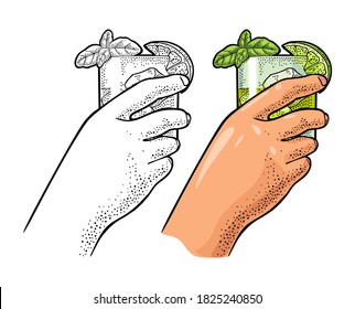 Male hand holding glass cocktail gin with basil and lime. Vintage color vector engraving illustration for label, poster, invitation to party. Isolated on white background