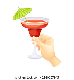 Male Hand Holding Glass Of Cocktail With Umbrella Vector Illustration