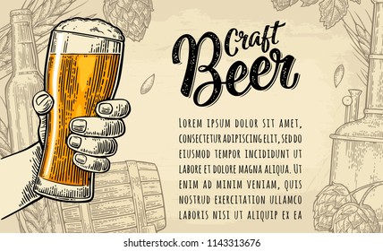 Male hand holding glass. Craft Beer calligraphic lettering. Vintage color vector engraving illustration for poster, invitation to party. Beige background with hop branch, ear of barley, barrel