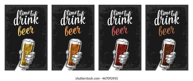 Male hand holding a glass with four types beer - light, white, red and dark. Vintage vector engraving illustration for web, poster, invitation to party. Isolated on white background