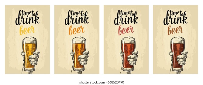 Male hand holding a glass with four types beer - light, white, red and dark. Vintage vector engraving illustration for web, poster, invitation to party. Isolated on beige background