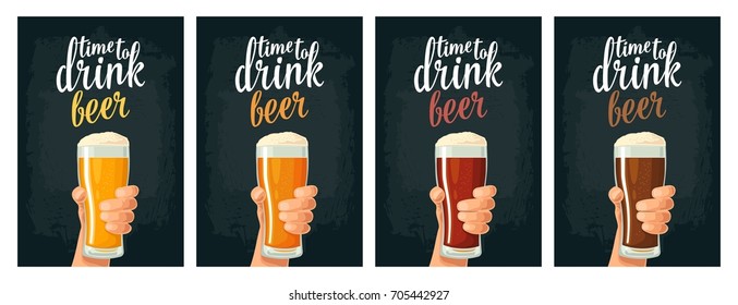 Male hand holding a glass with four types beer - light, white, red and dark. Vector flat color illustration for web, poster, invitation to party. Isolated on dark vintage background