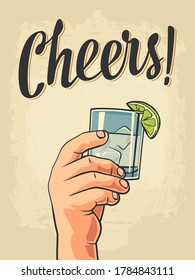 Male hand holding a glass of gin. Cheers toast calligraphic handwriting lettering. Vector color flat simple illustration for label, poster, invitation to a party. Isolated on beige background.