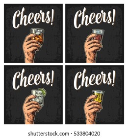 Male hand holding a glass with gin, rum, tequila, whiskey. Cheers toast lettering. Vintage vector engraving illustration for web, poster, invitation to party. Isolated on dark background.