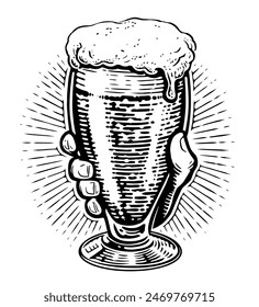 Male hand holding glass of lager foamy beer. Brewery, pub concept. Hand drawn sketch vintage vector illustration